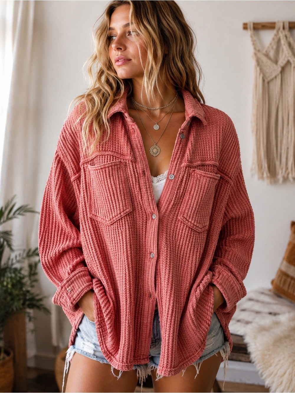 Aerie Oversized Waffle Knit Shacket Button Front Shirt Jacket Charcoal Gray Med